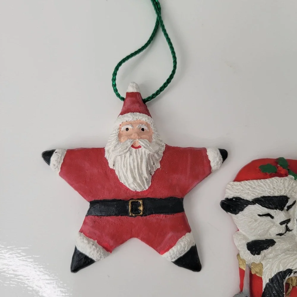 Vintage 1992 Star Santa &‎ Drum Kitten Photo Frame 1991 Christmas Ornaments Lot